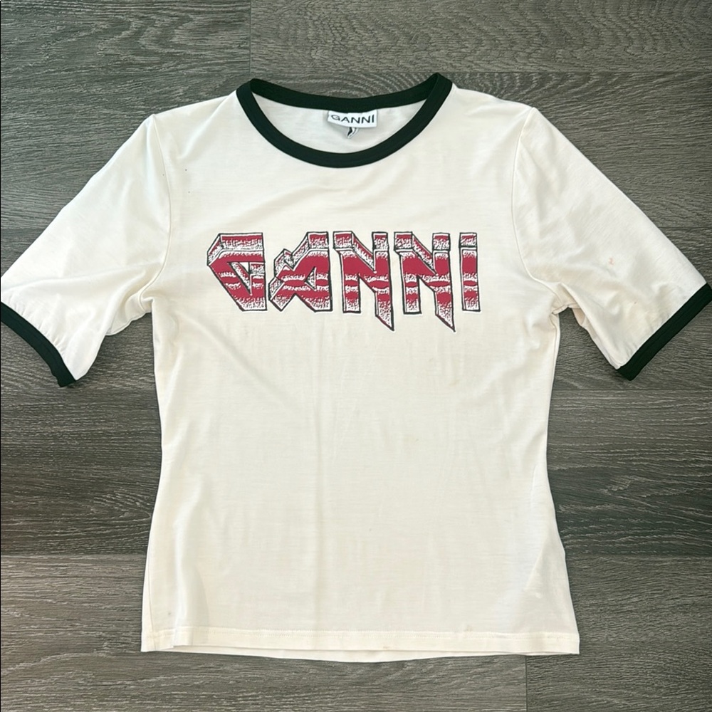Ganni Cream Tee with Black Accents and Red Logo